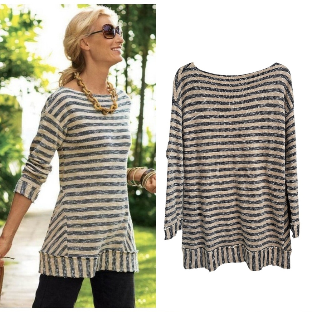 Soft surroundings Women's Tunic Sweater striped Beige & Blue Size XL